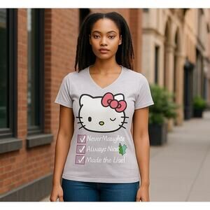 Hello Kitty Christmas Tshirt Juniors‎ Sz XS Gray Santa Claus List Holiday Sanrio